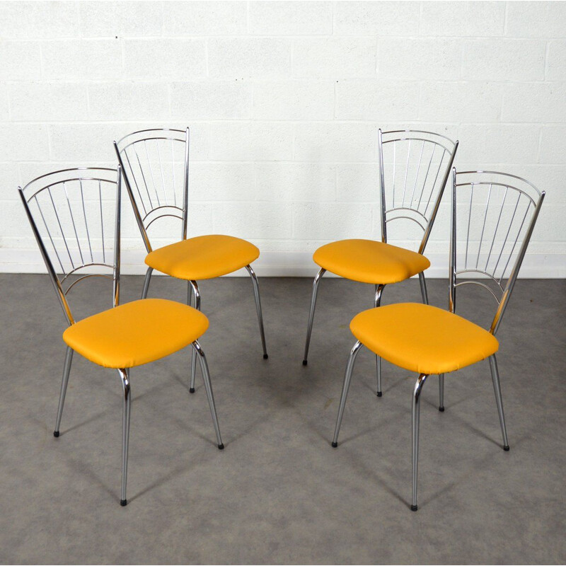 Suite of 4 vintage chairs with yellow seats, 1950-1960 