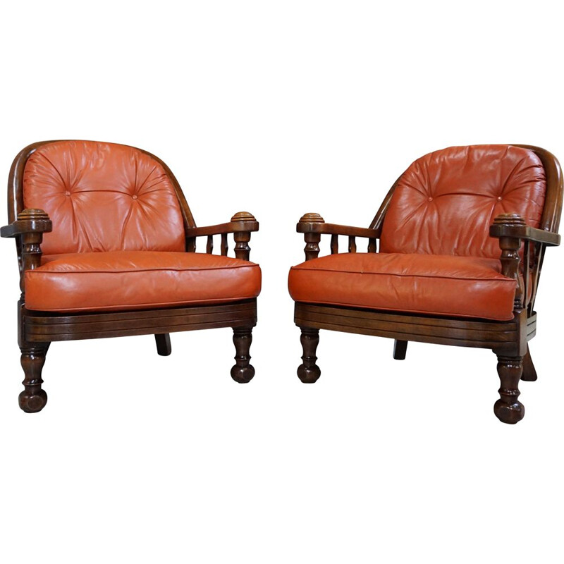 Pair of Belgian vintage armchairs in wood and leather