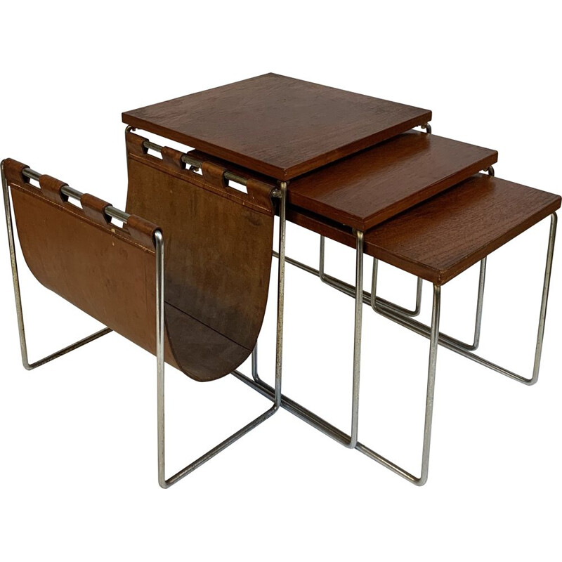 Vintage Nesting tables with leather magazine rack