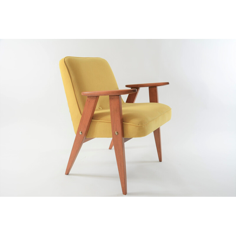 Vintage fauteuil 366 gesigneerd J.Chierowski in geel met vogels