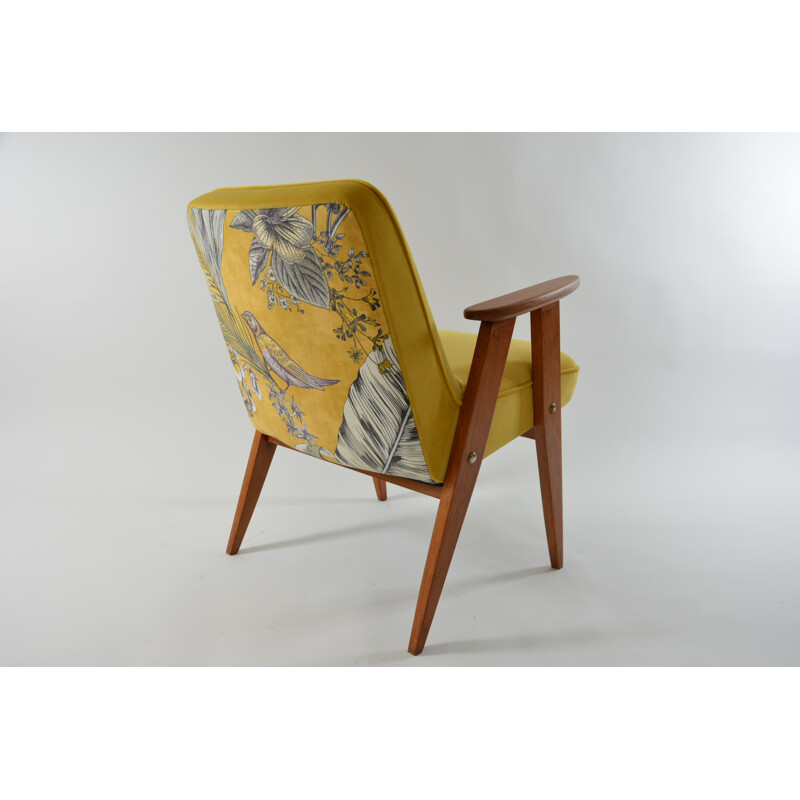 Vintage Sessel 366 signiert J.Chierowski in gelb mit Vögeln