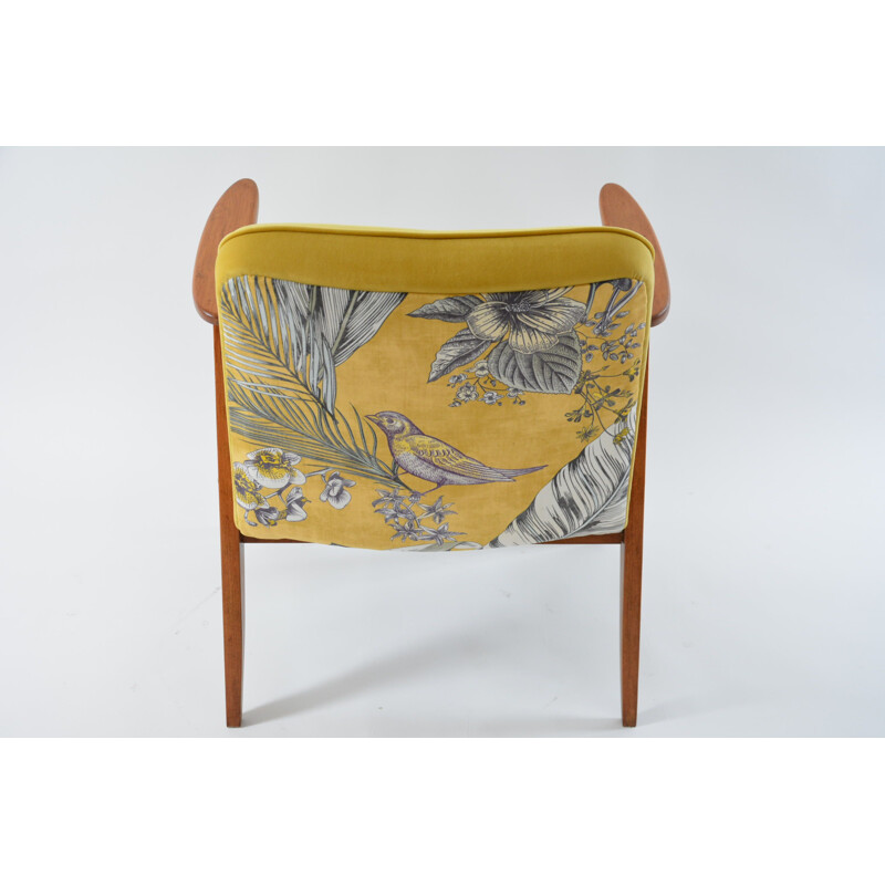 Vintage armchair 366 signed J.Chierowski in yellow color with birds