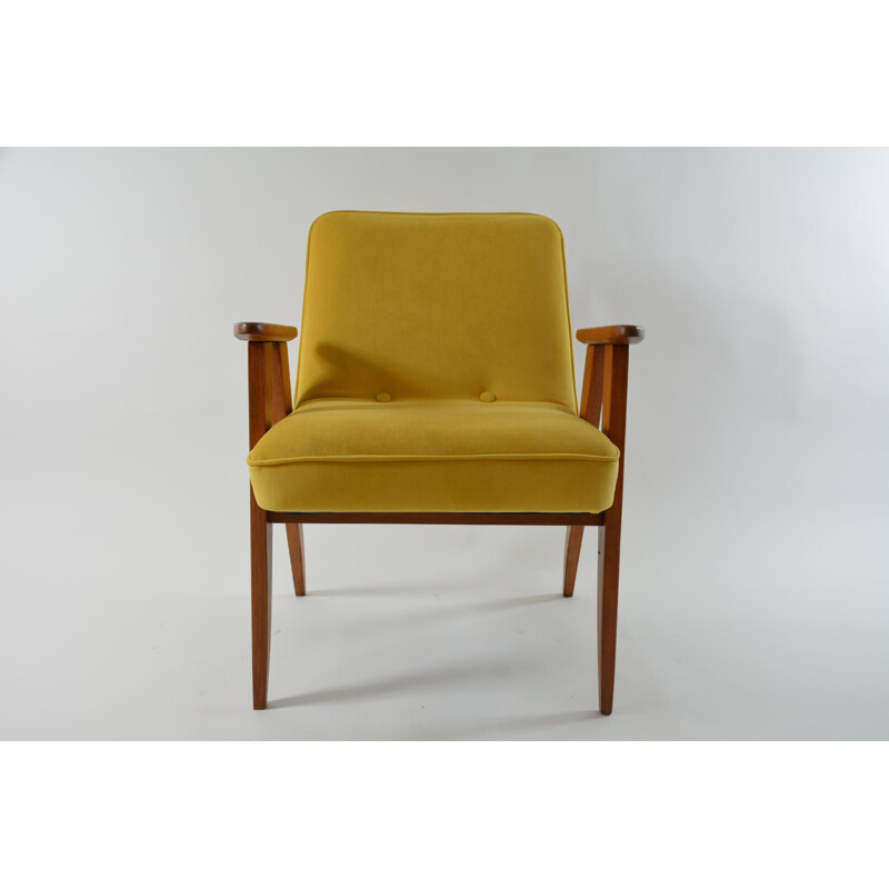 Vintage Sessel 366 signiert J.Chierowski in gelb mit Vögeln