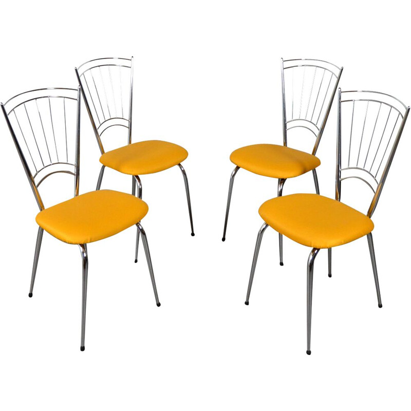 Suite of 4 vintage chairs with yellow seats, 1950-1960 