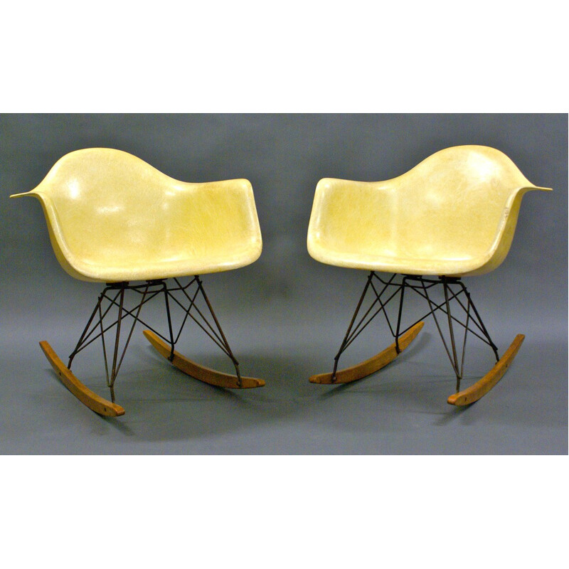 Pair of RAR yellow fiberglass, steel and wooden armchairs, Charles & Ray EAMES - 1950s