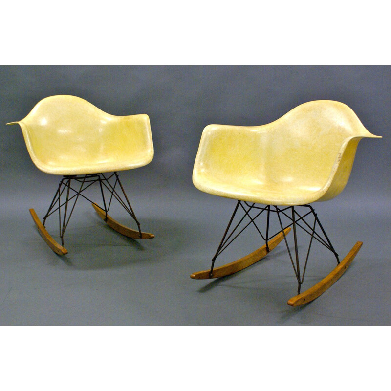 Pair of RAR yellow fiberglass, steel and wooden armchairs, Charles & Ray EAMES - 1950s