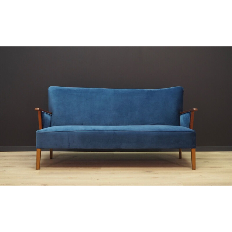 Vintage blue velvet and wooden sofa, Denmark, 1960-1970
