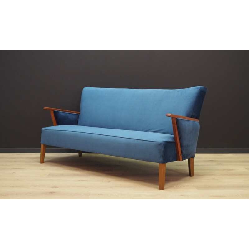 Vintage blue velvet and wooden sofa, Denmark, 1960-1970