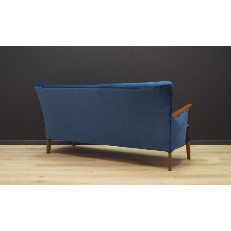 Vintage blue velvet and wooden sofa, Denmark, 1960-1970