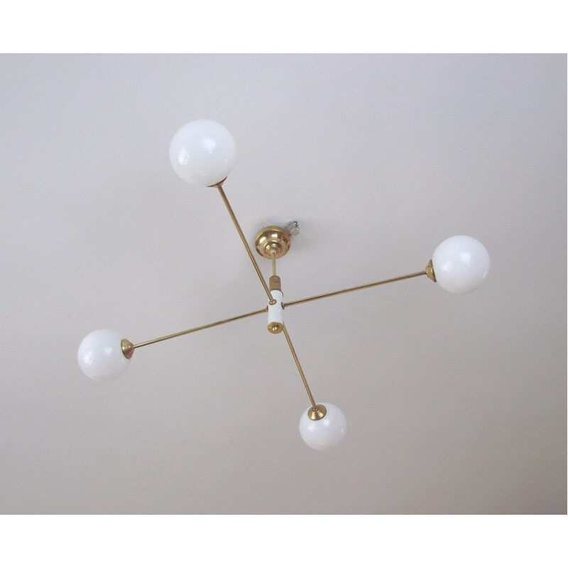 Vintage minimalist chandelier in brass, plastic and glass, 1960s