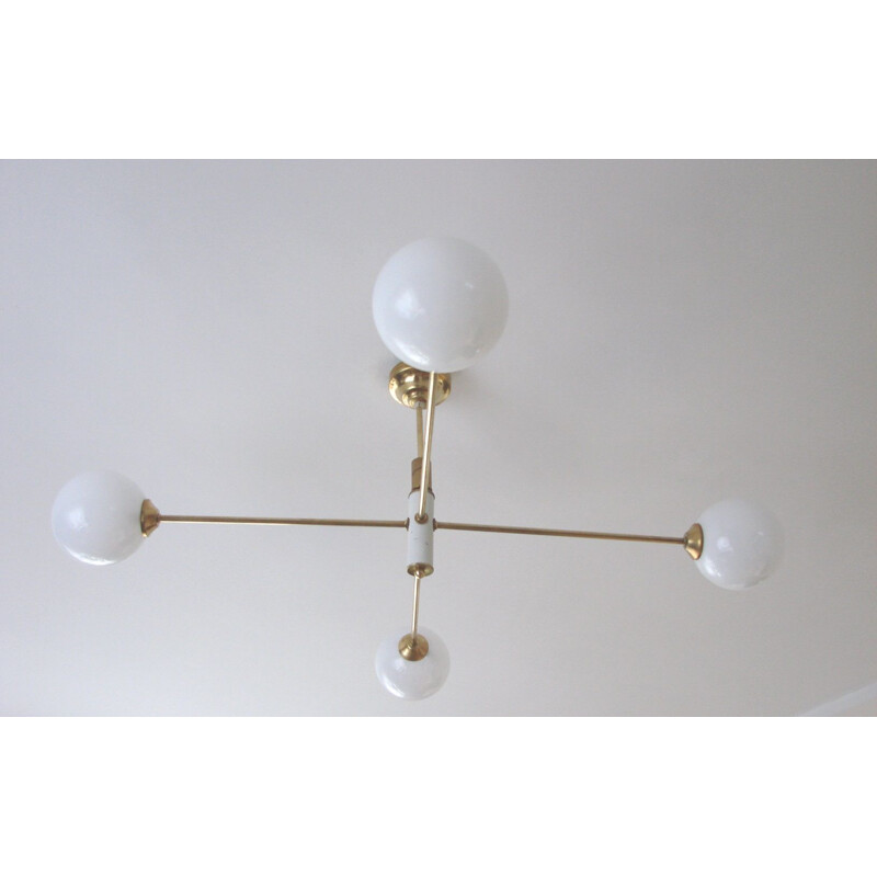 Vintage minimalist chandelier in brass, plastic and glass, 1960s