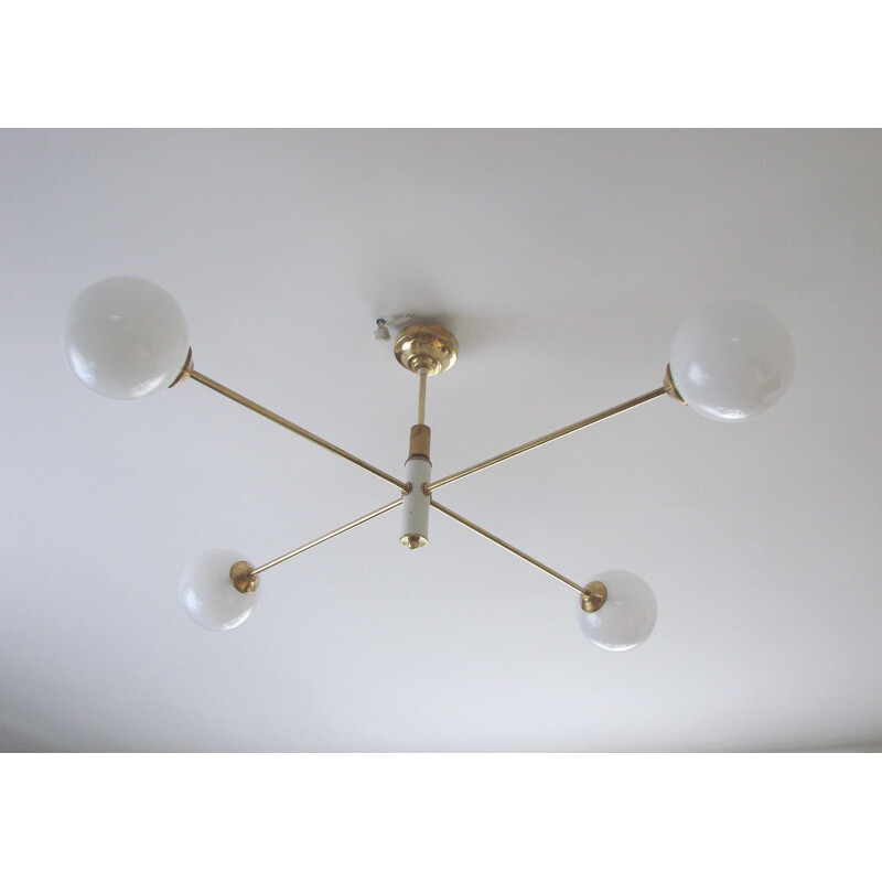 Lustre vintage minimaliste en laiton, plastique et verre,  1960