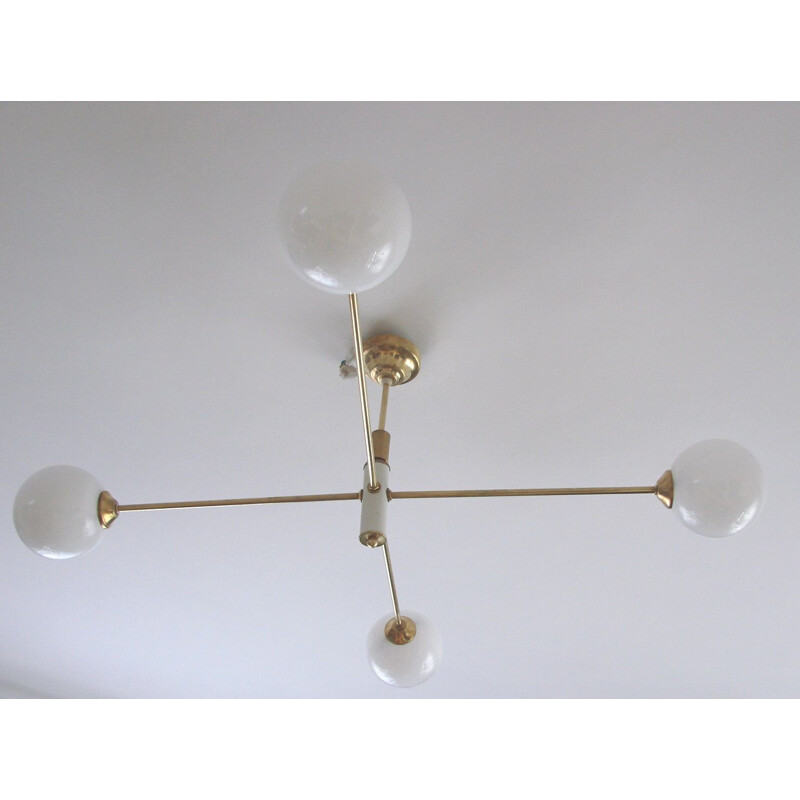 Vintage minimalist chandelier in brass, plastic and glass, 1960s