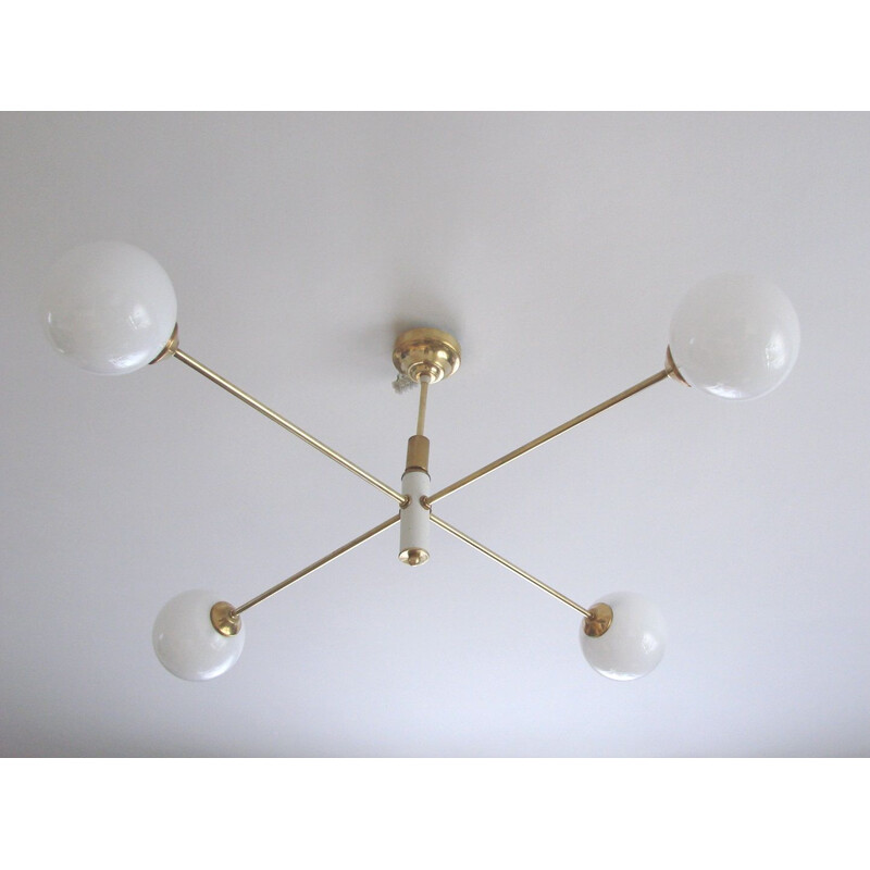 Vintage minimalist chandelier in brass, plastic and glass, 1960s