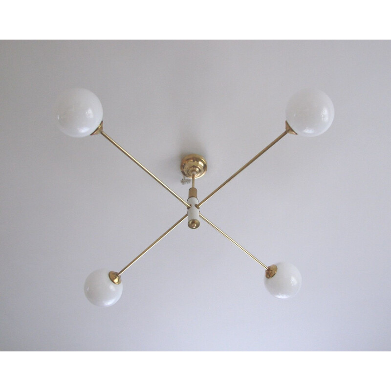 Vintage minimalist chandelier in brass, plastic and glass, 1960s