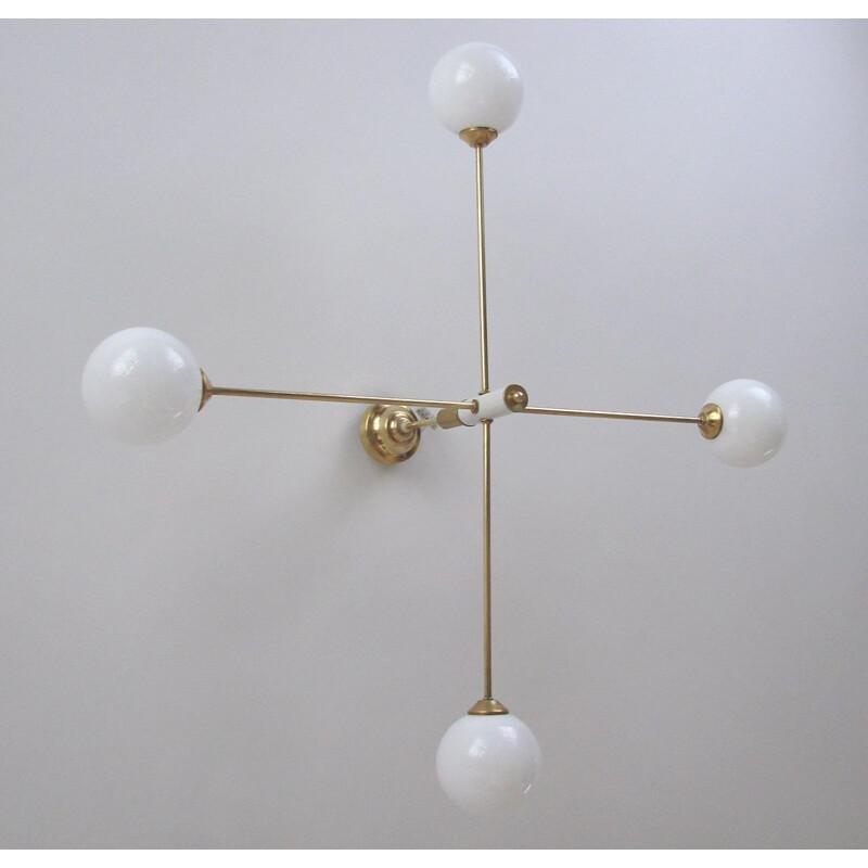 Vintage minimalist chandelier in brass, plastic and glass, 1960s