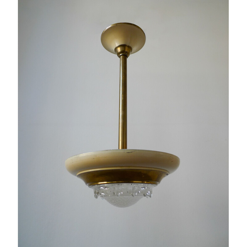 Vintage Art Deco brass and glass pendant lamp by Ezan, France 1930