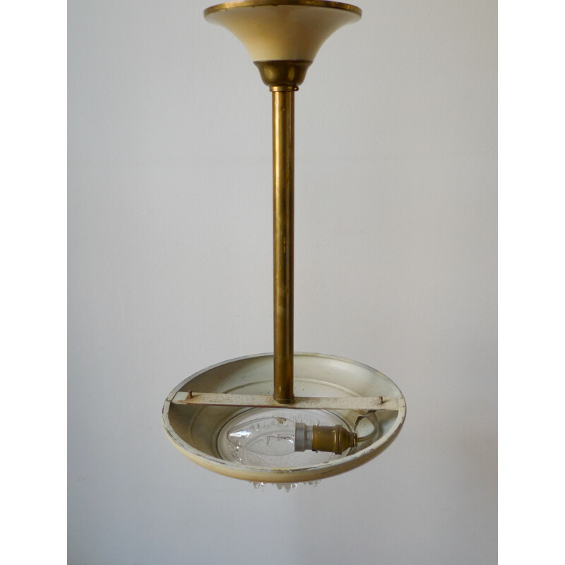 Lámpara de suspensión Art Decó vintage de latón y cristal de Ezan, Francia 1930