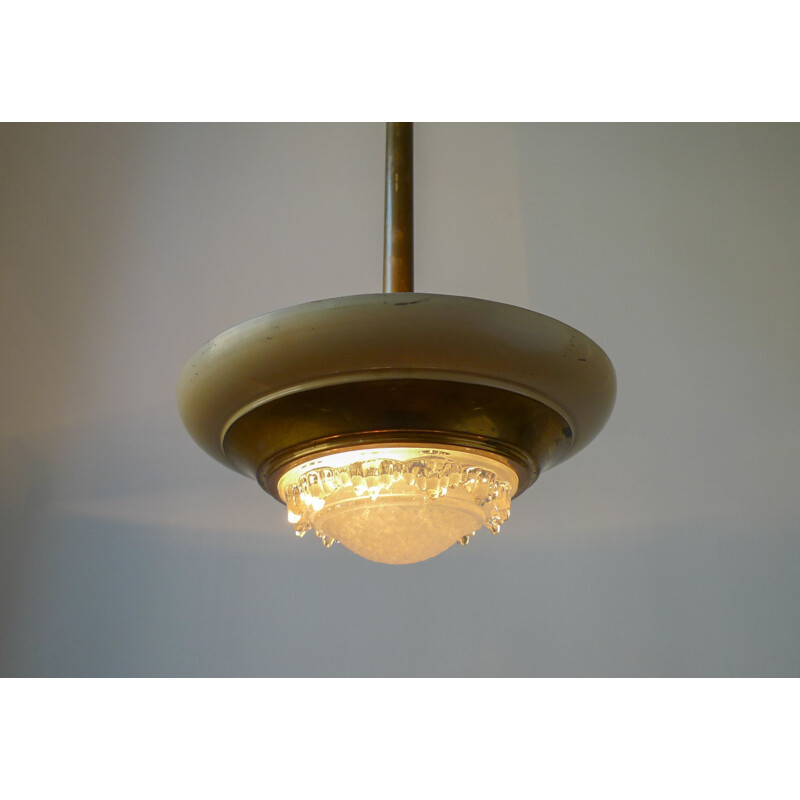 Vintage Art Deco brass and glass pendant lamp by Ezan, France 1930