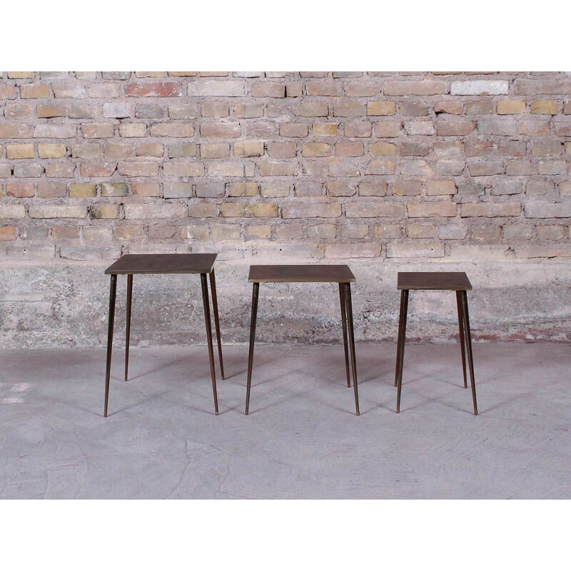 Set of 3 small vintage nesting tables with compass feet, 1960