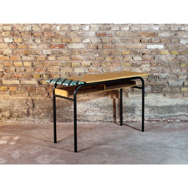 Vintage school desk in steel and solid wood, top with graphic design