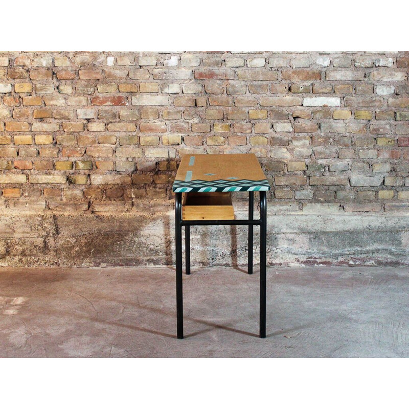 Vintage school desk in steel and solid wood, top with graphic design