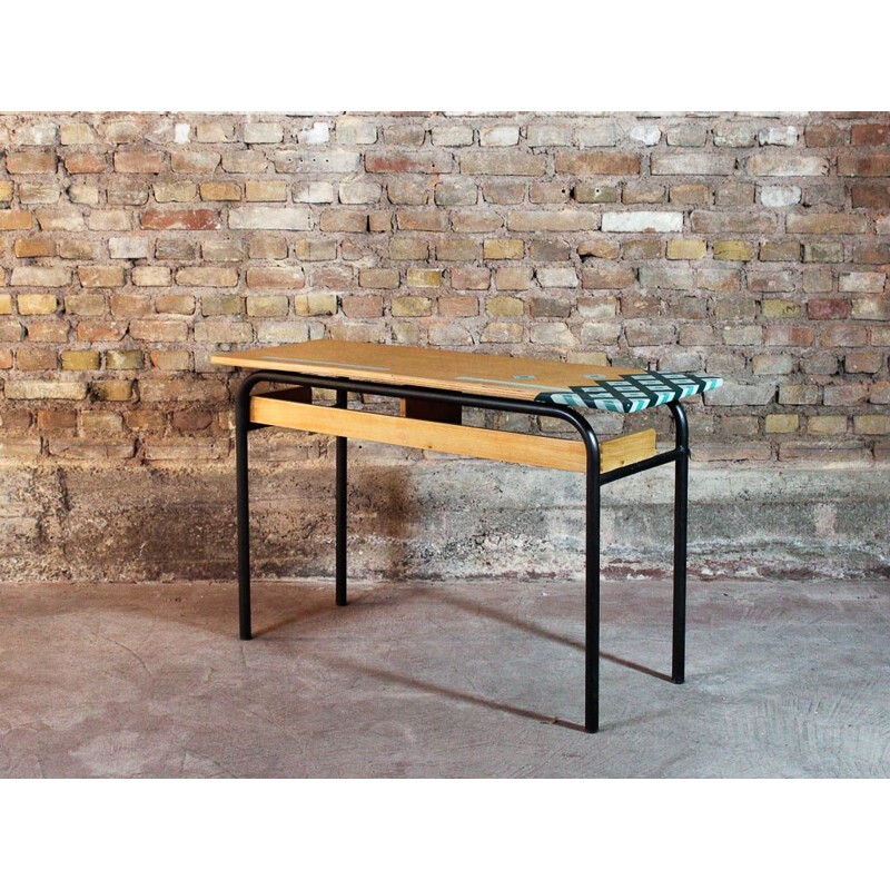 Vintage school desk in steel and solid wood, top with graphic design