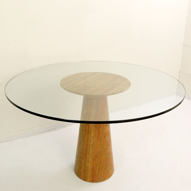 Vintage Round Dining Table in Red Travertine and Glass by Angelo Mangiarotti 