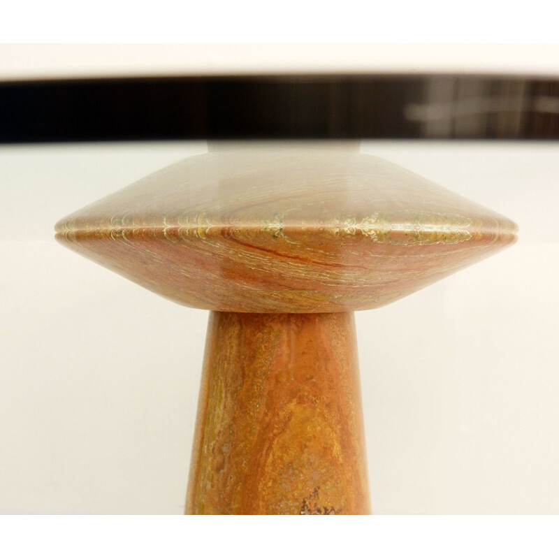 Vintage Round Dining Table in Red Travertine and Glass by Angelo Mangiarotti 