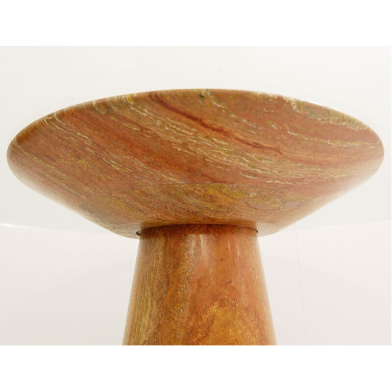 Vintage Round Dining Table in Red Travertine and Glass by Angelo Mangiarotti 