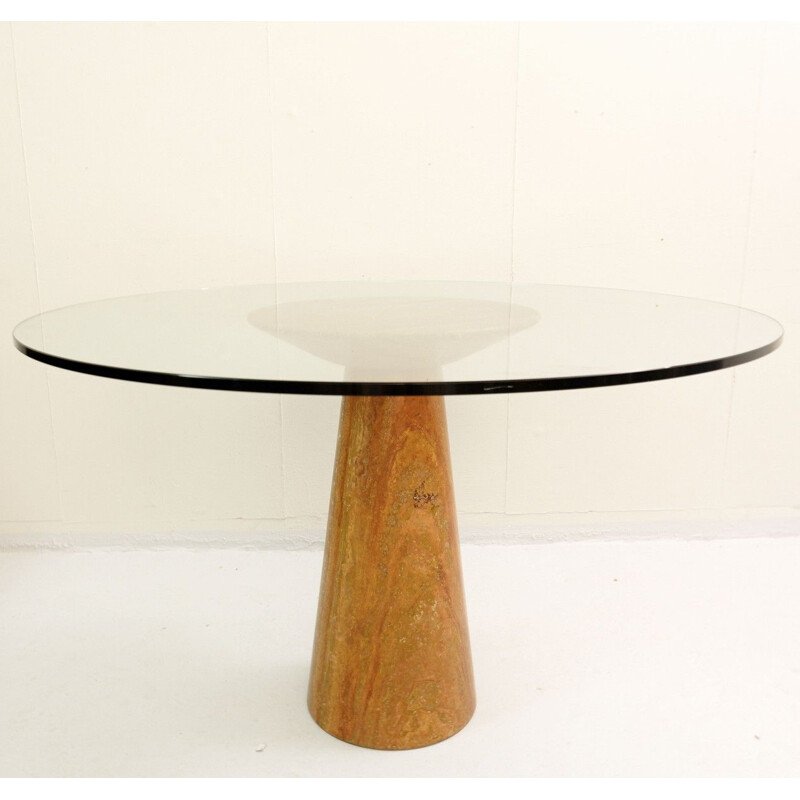 Vintage Round Dining Table in Red Travertine and Glass by Angelo Mangiarotti 
