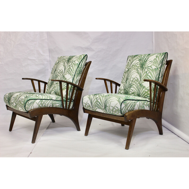 Paire de fauteuils vintage en hêtre et tissu jacquard 1960