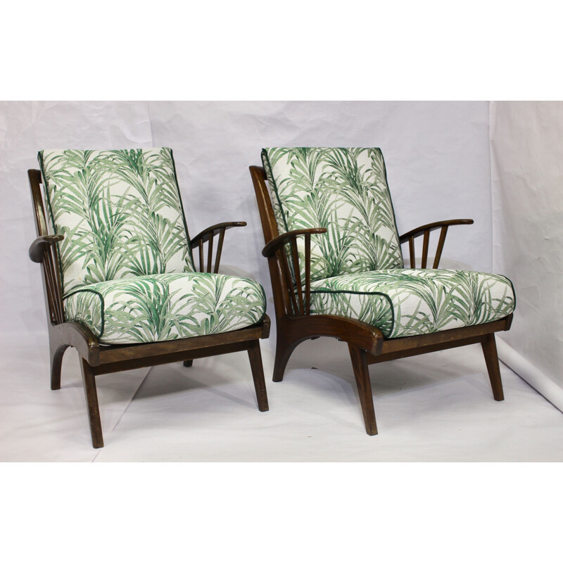 Paire de fauteuils vintage en hêtre et tissu jacquard 1960