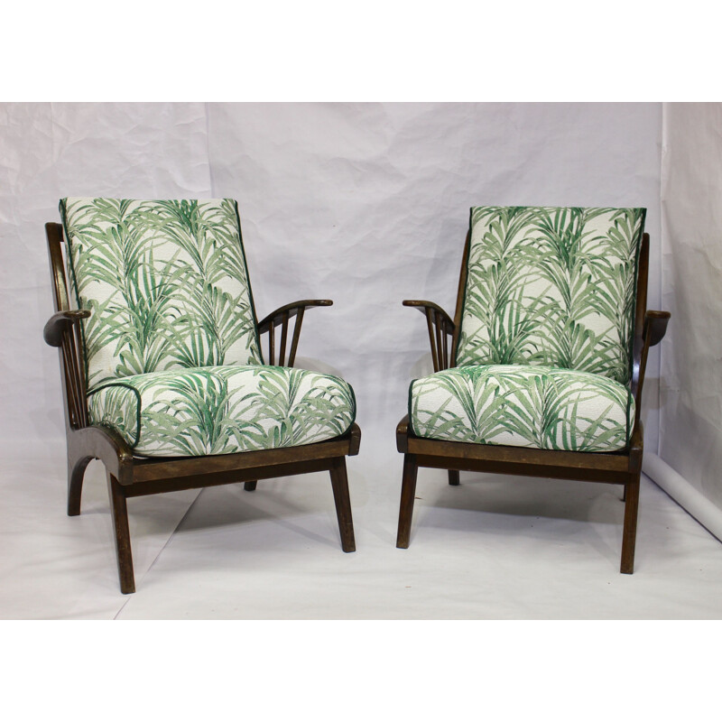 Pair of vintage armchairs in beech and jacquard fabric 1960