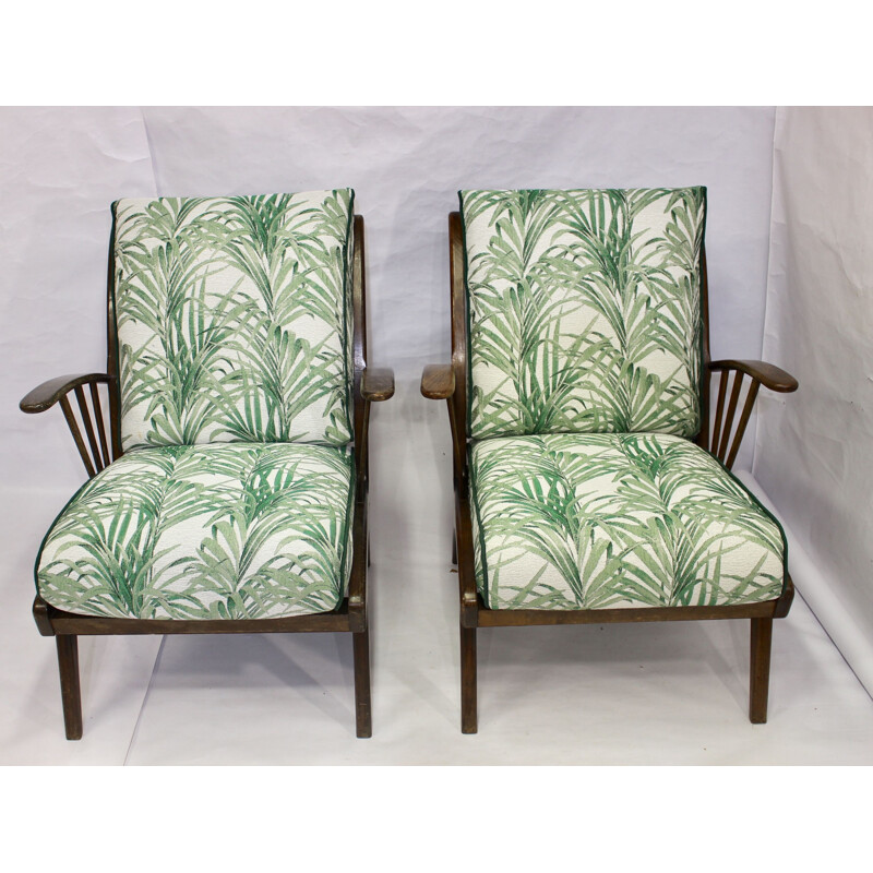 Pair of vintage armchairs in beech and jacquard fabric 1960