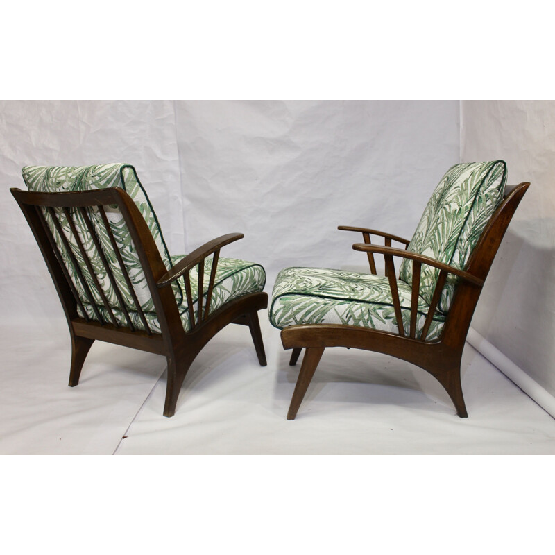 Pair of vintage armchairs in beech and jacquard fabric 1960