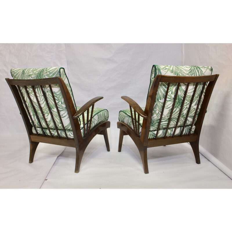 Pair of vintage armchairs in beech and jacquard fabric 1960