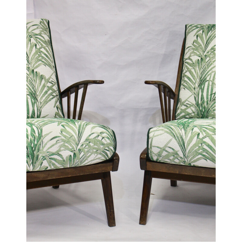 Pair of vintage armchairs in beech and jacquard fabric 1960
