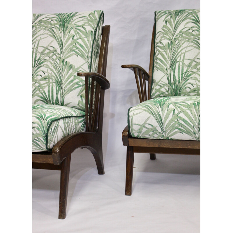 Pair of vintage armchairs in beech and jacquard fabric 1960