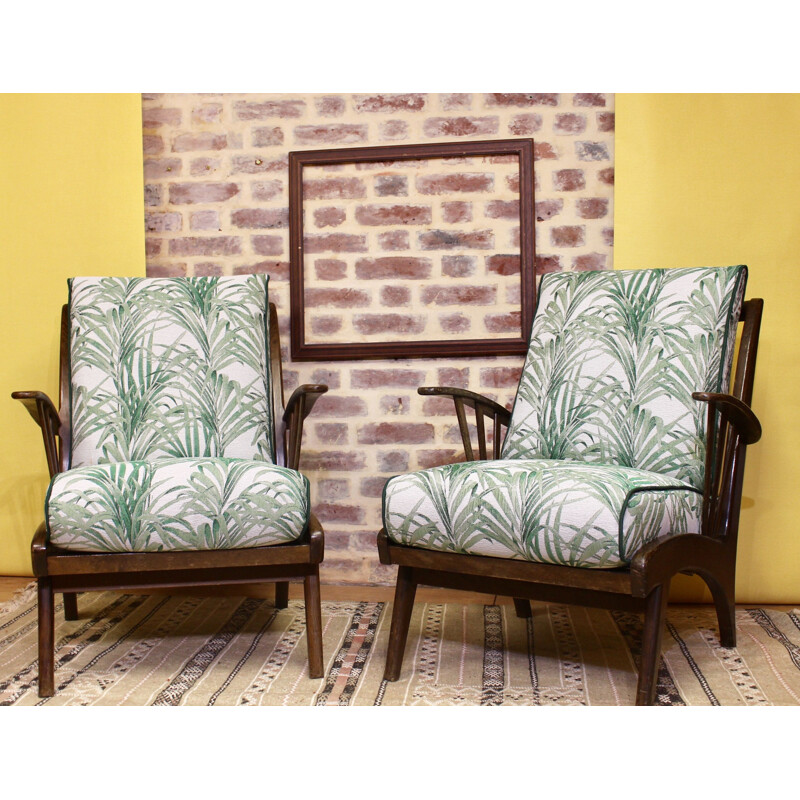 Pair of vintage armchairs in beech and jacquard fabric 1960