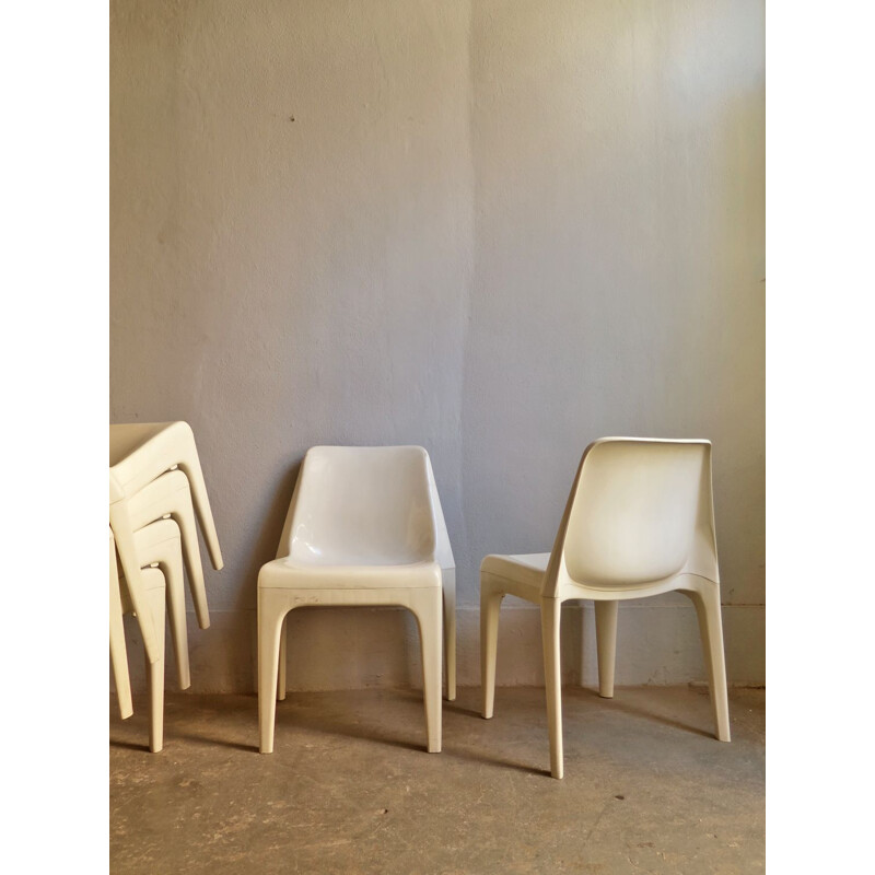 Lot de 6 chaises empilables en plastique blanc, 1970