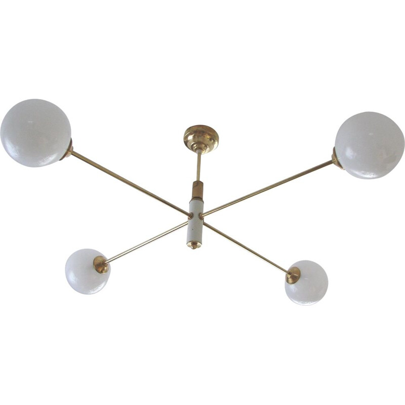 Vintage minimalist chandelier in brass, plastic and glass, 1960s