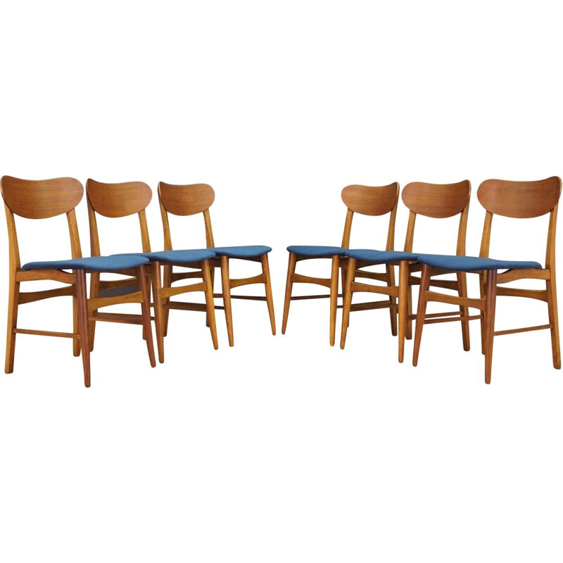 Set of 6 vintage chairs in teak and blue velvet, Denmark 1960