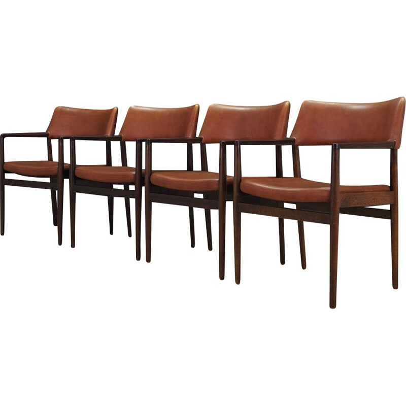 Vintage set of 4 leather and oak armchairs, Denmark 1960s