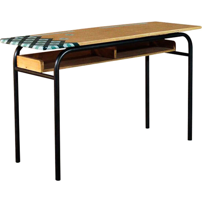 Vintage school desk in steel and solid wood, top with graphic design