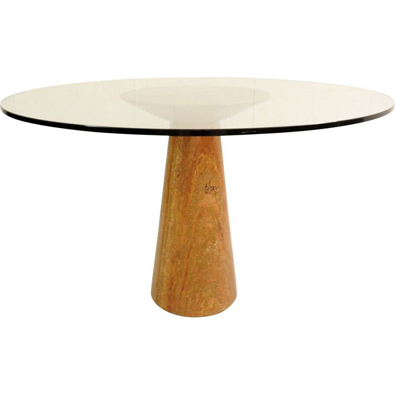 Vintage Round Dining Table in Red Travertine and Glass by Angelo Mangiarotti 