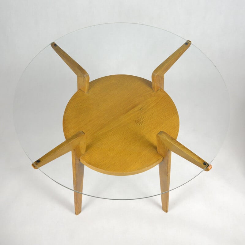 Vintage round coffee table with glass top by Jitona, Czechoslovakia, 1959