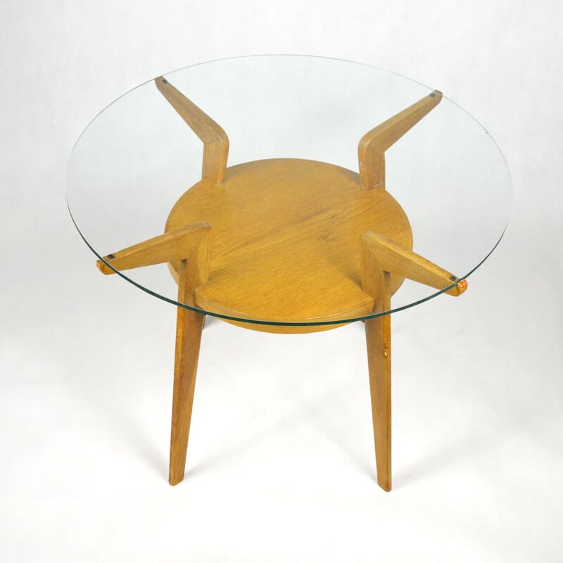 Vintage round coffee table with glass top by Jitona, Czechoslovakia, 1959