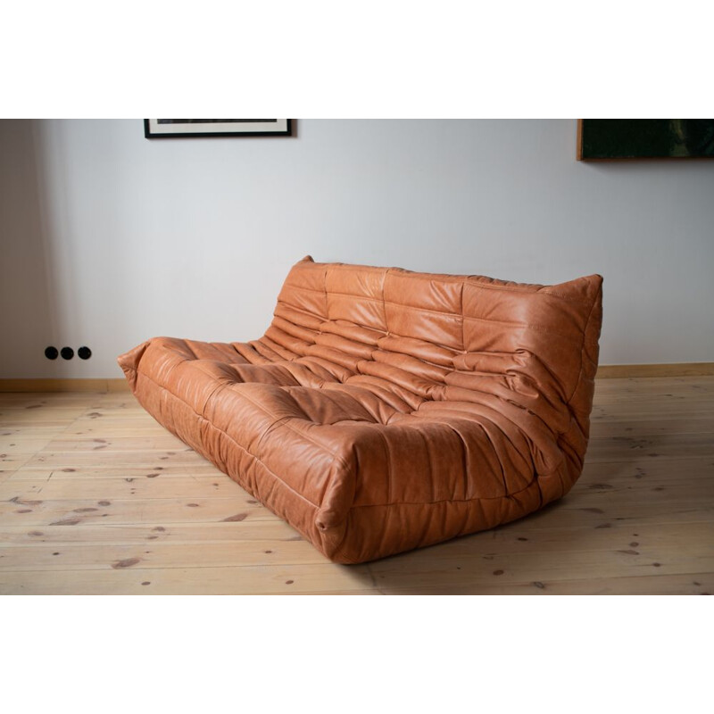 Vintage Peach Leather sofa Togo for Ligne Roset, 1973