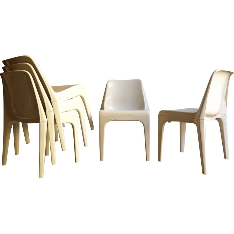 Lot de 6 chaises empilables en plastique blanc, 1970